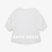 Basic House/百家好五分灯笼袖拼接褶皱T恤小众插肩袖上衣夏季女 白色 M