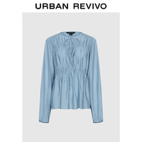 UR2024秋季女时尚捏褶蝴蝶结系带长袖罩衫衬衫UWM240007 天蓝 S