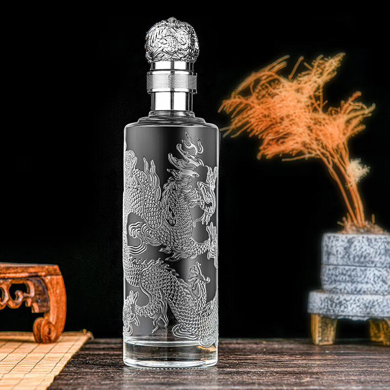 挽醉风一斤装玻璃酒瓶龙纹图案白酒瓶泡酒瓶红酒瓶自酿存酒密封玻璃空瓶 龙纹银盖