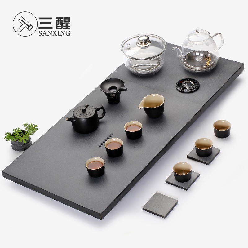 三醒 天然乌金石茶盘套装电磁炉一体家用简约办公室全自动茶台茶托盘