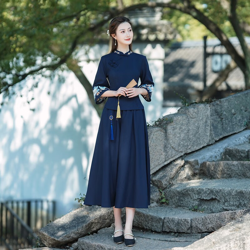 妖妮旗袍汉服女成人年轻日常演出2024新中式国风棉麻绣花裙两件套722 722深蓝色套装 4XL(体重135-145斤）