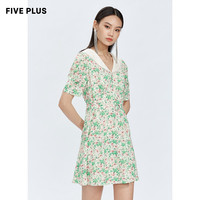 5+【FIVE PLUS 奥莱】女夏装碎花连衣裙高腰法式娃娃领短袖裙子腰带