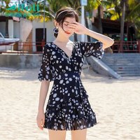 宜肤泳衣温泉度假泳衣保守遮肚显瘦钢托聚拢仙女范连体平角泳装 L