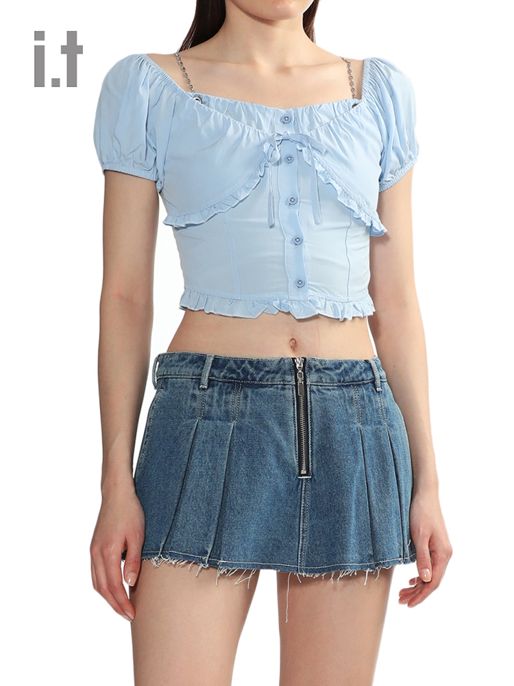 it vesta pink女装合身短袖上衣休闲夏季木耳边露脐衫0125K