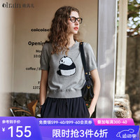 Olrain欧芮儿浅灰色针织衫女2024年夏季新款趣味熊猫短袖套头衫 浅灰色