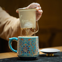 兮元记国风金丝珐琅彩茶杯办公杯陶瓷宫廷风带盖过滤茶水分离过滤杯水杯 郁郁春华福龙办公杯【礼盒装】