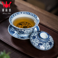 钟家窑 景德镇陶瓷手抓盖碗 单个釉下手绘缠枝莲青花柴窑三才茶杯景德镇田园风陶瓷茶具