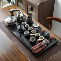咪曦乌金石茶盘家用一体式整块茶台功夫茶具套装大号排水全自动电磁炉 海纳百川+黑陶+茶艺炉80*37*3cm