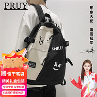 PRUY 品牌书包女初中高中生中双肩包大容量男背包双肩电脑包 黑色+小牛