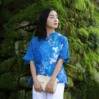乱在江南棉麻印花上衣女夏季短款中式唐装薄款文艺复古民国风衬衫 蓝色 均码