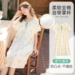 芬腾 女夏薄款纯棉100%棉短袖自带胸垫睡裙