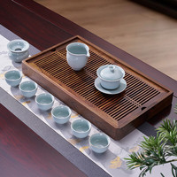 汉唐（hantang）家用功夫茶盘 排储两用大号实木茶台 大容量储水式茶托盘茶具套装 檀香木欢享+汝窑盖碗10件套