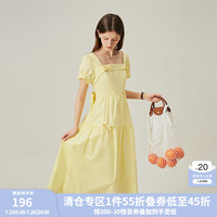 范思蓝恩法式甜美方领蝴蝶结连衣裙2024夏装100%棉高腰裙子女 鹅黄色 M