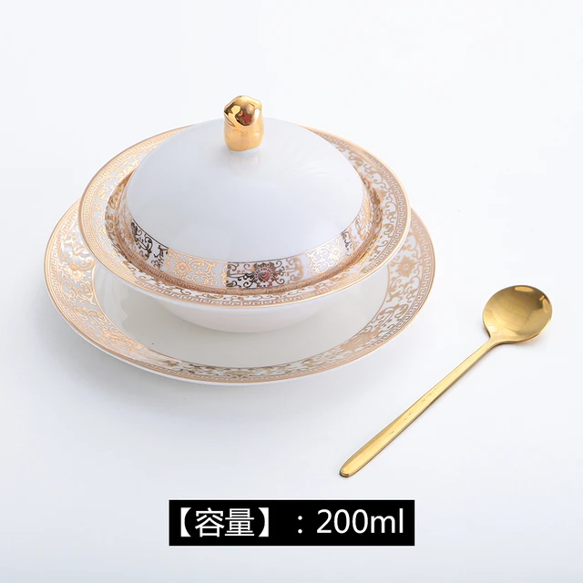 欧式酒店小米辽参燕窝盅带盖陶瓷鲍鱼盅隔水炖汤盅甜品鱼胶鱼翅碗 金93075）6寸玉兰盅+碟+金勺
