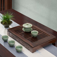 漢唐黑紫檀实木小茶盘家用茶台抽屉式储水排水两用茶托盘功夫茶具套装 黑紫檀小博古茶盘+刻画盖碗5件套 42*30*7.3cm