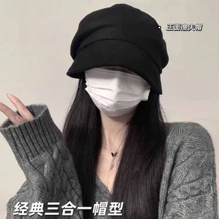 九寸阳光贝雷帽女秋冬大头围三合一百搭显脸小秋冬八角帽时尚遮脸堆堆帽 黑色