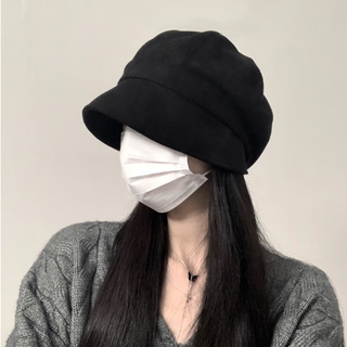 九寸阳光贝雷帽女秋冬大头围三合一百搭显脸小秋冬八角帽时尚遮脸堆堆帽 黑色