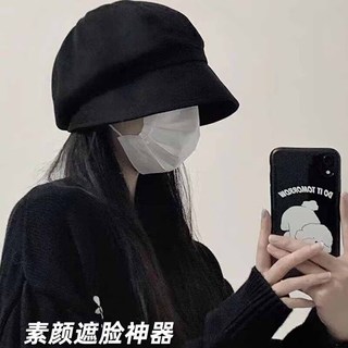 九寸阳光贝雷帽女秋冬大头围三合一百搭显脸小秋冬八角帽时尚遮脸堆堆帽 黑色