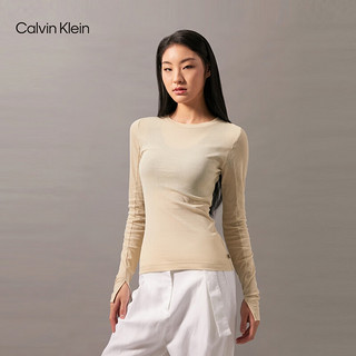 Calvin Klein Jeans24早秋女士休闲舒适ck微透明纯棉打底衫长袖T恤J224335 RAE-卡其 L