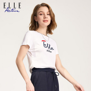 ELLE ACTIVE修身显瘦T恤女装夏季时尚百搭字母纯色T恤纯棉圆领短袖上衣女 白色 S