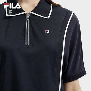 FILA 斐乐女子针织连衣裙2024秋季时尚休闲POLO领连身裙 传奇蓝-NV M