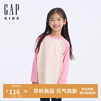 GAP女童2024初秋纯棉印花撞色插肩长袖T恤儿童装上衣617596 米粉拼接 150cm(12-13岁) 亚洲尺码