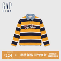 GAP男童2024初秋新款拼接翻领条纹polo衫美式儿童装长袖T恤642770 蓝