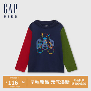 GAP男幼童2024初秋撞色拼接小熊印花长袖T恤儿童装上衣646219 海军蓝 100cm(2-3岁) 亚洲尺码