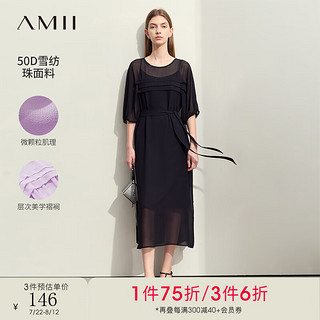 AMII2024极简纯色薄款宽松连肩中袖配腰带长款雪纺连衣裙女款 黑色 165/88A/L