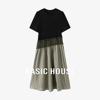 Basic House/百家好撞色休闲夏季宽松显瘦气质感短袖连衣长裙 黑拼苔云青 XL