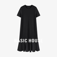 百家好（Basic House）纯色百搭夏季新款休闲优雅气质感短袖连衣长裙B0624A5Z472 黑色 S