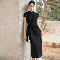初蝉衣事新中式连衣裙女2024夏季黑色立领显瘦日常通勤国风改良旗袍 黑色 L