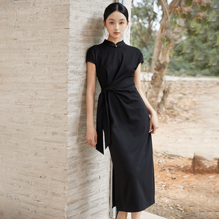 初蝉衣事新中式连衣裙女2024夏季黑色立领显瘦日常通勤国风改良旗袍 黑色 L