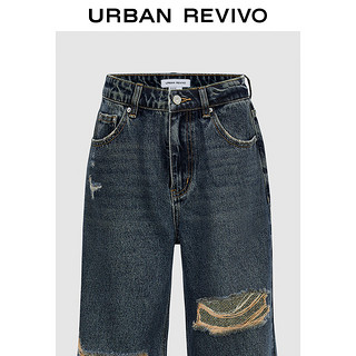 URBAN REVIVO 女士复古街头做旧洗水破洞牛仔长裤 UYY840021 蓝色 29