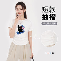 真维斯抽褶正肩紧身圆领短款短袖T恤女2024年夏季时尚设计感上衣GX 白-黑猫冲浪 S