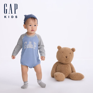 GAP婴儿2024初秋纯棉小熊撞色长袖连体衣儿童装爬服642922 蓝灰拼接 73cm(6-9月) 亚洲尺码