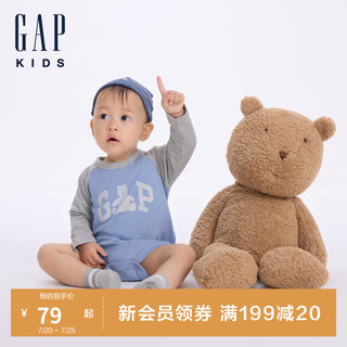 GAP婴儿2024初秋纯棉小熊撞色长袖连体衣儿童装爬服642922 蓝灰拼接 73cm(6-9月) 亚洲尺码