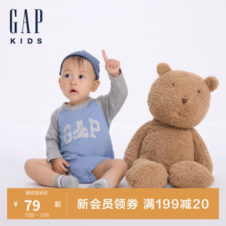 GAP婴儿2024初秋纯棉小熊撞色长袖连体衣儿童装爬服642922 蓝灰拼接 73cm(6-9月) 亚洲尺码