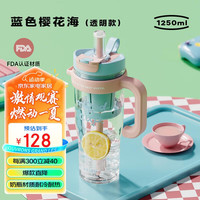 物生物（RELEA）巨无霸水杯大容量高颜值运动喝水壶夏天耐高温塑料吸管冰霸杯子女 蓝色樱花海-透明-1250ML(带茶漏)
