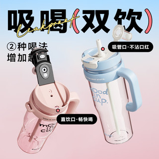 物生物（RELEA）巨无霸水杯大容量高颜值运动喝水壶夏天耐高温塑料吸管冰霸杯子女 蓝色樱花海-透明-1250ML(带茶漏)