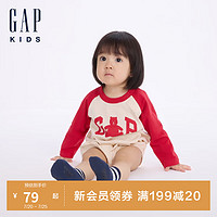 GAP婴儿2024初秋纯棉小熊撞色长袖连体衣儿童装爬服642922 米红拼接 80cm(9-18月) 亚洲尺码