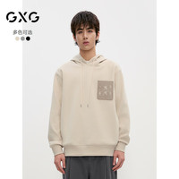 GXG男装 多色空气层撞色皮质口袋复古休闲连帽卫衣男 24秋季 米白 165/S