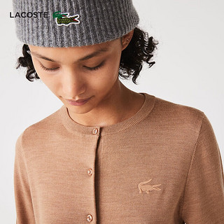 LACOSTE法国鳄鱼女装秋冬经典款舒适保暖圆领针织开衫外套AF1020 02S/浅卡其 34/XS