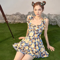 莫代尔泳衣女连体裙式纯欲风高级感蓝色印花系肩遮肚显瘦泡温泉游泳装