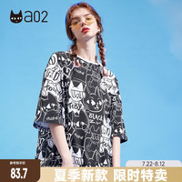 a02夏季甜酷猫咪印花短袖上衣宽松潮牌时尚设计感五分袖圆领T恤女 黑色 XS