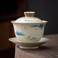 常生源 手绘盖碗 办公家用陶瓷草木灰三才盖碗手抓壶功夫茶具礼盒 同舟 釉下彩手绘同舟【150ml】