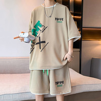 POUM短袖短裤套装男夏季潮牌宽松假两件t恤上衣裤子一整套男装两件套 FXFS-TZ17卡其 XL【尺码偏小,拍大一码】 XL【喜欢宽松拍大一码】