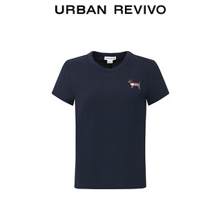 URBAN REVIVO 女士休闲趣味狗狗钉珠圆领短袖T恤 UYU440005 墨蓝 XS