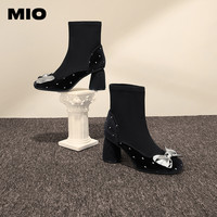 MIO米奥冬季方头显高粗跟靴子千禧蝴蝶结时尚弹力靴袜靴女