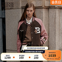 Teenie Weenie小熊2024秋新款美式复古学院风撞色棒球服刺绣外套女 黑色 155/XS